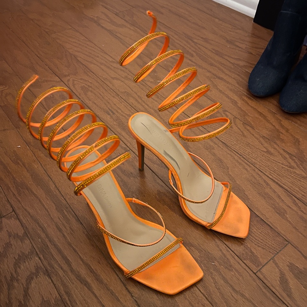 Wild Diva Lounge sparkly bright orange heels with ankle coil/strap